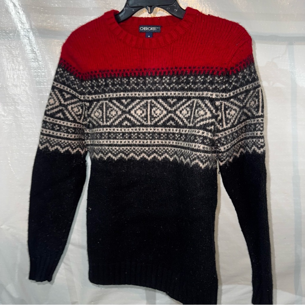 Cherokee Men's Red and Black Patterned Crewneck Sweater